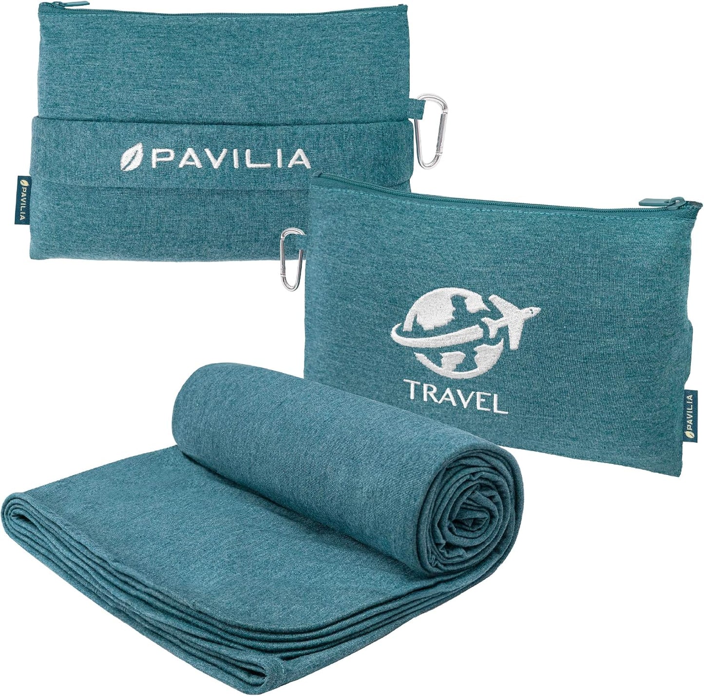 PAVILIA Travel Blanket Airplane Compact Pillow with Bag for Flights, Navy