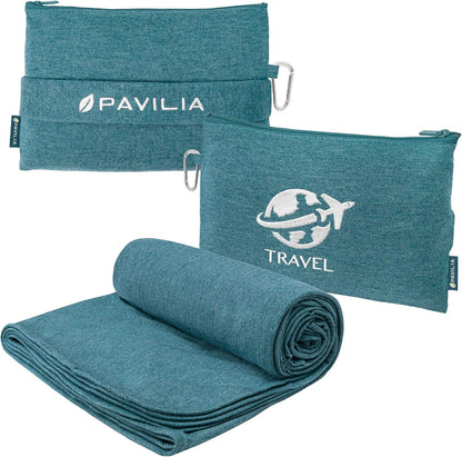 PAVILIA Travel Blanket Airplane Compact Pillow with Bag for Flights, Navy