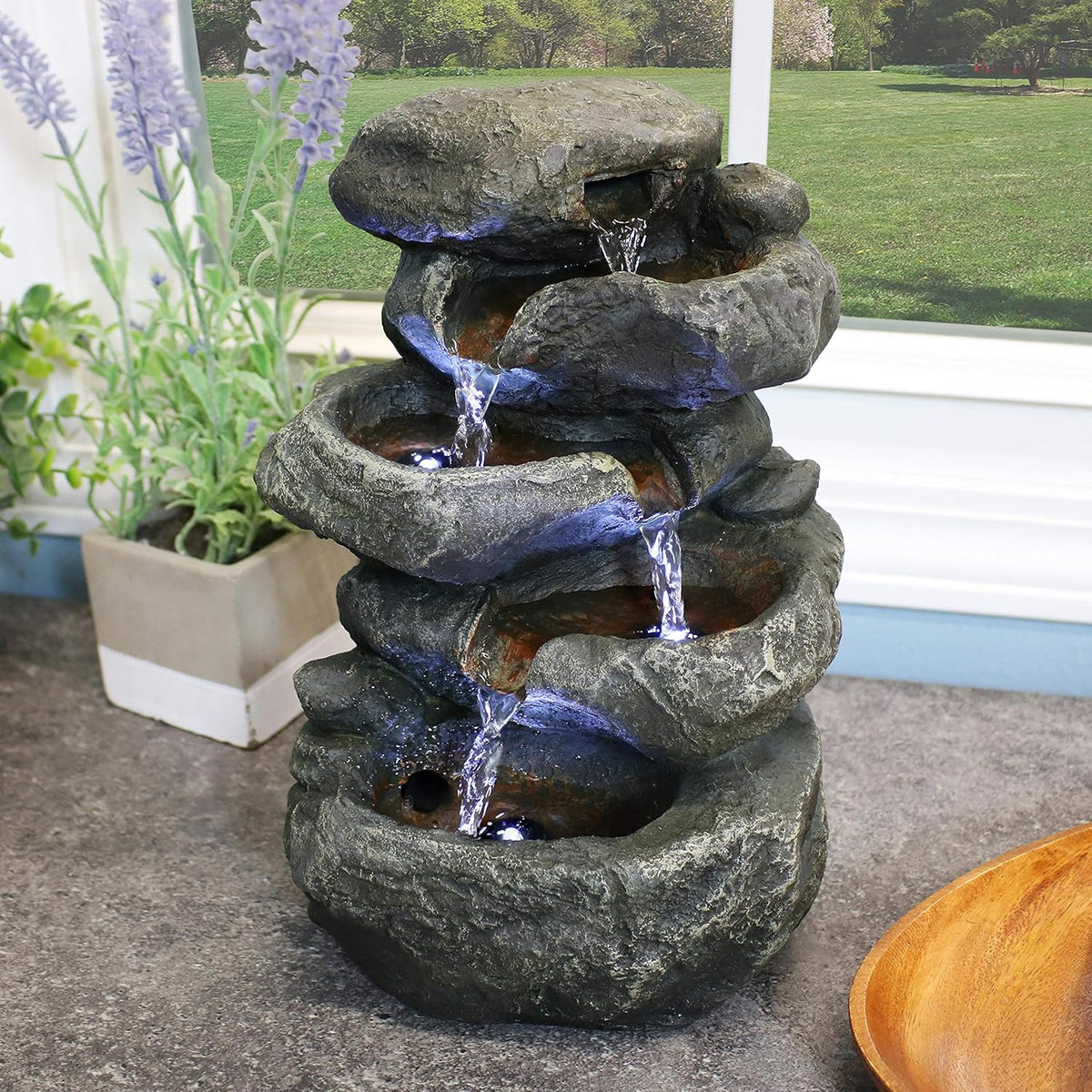 Sunnydaze 10" 5-Step Tabletop Water Fountain with LED Lights, Stacked Rocks