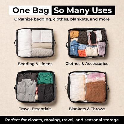 Soft Canvas Storage Bags with Zipper. Thick Breathable, 2pc King/Queen Comforter Organizer. Four Carrying Handles and Window. Large 25x19x9in Bag for Sheets Blankets Bedding Pillows, Clothes