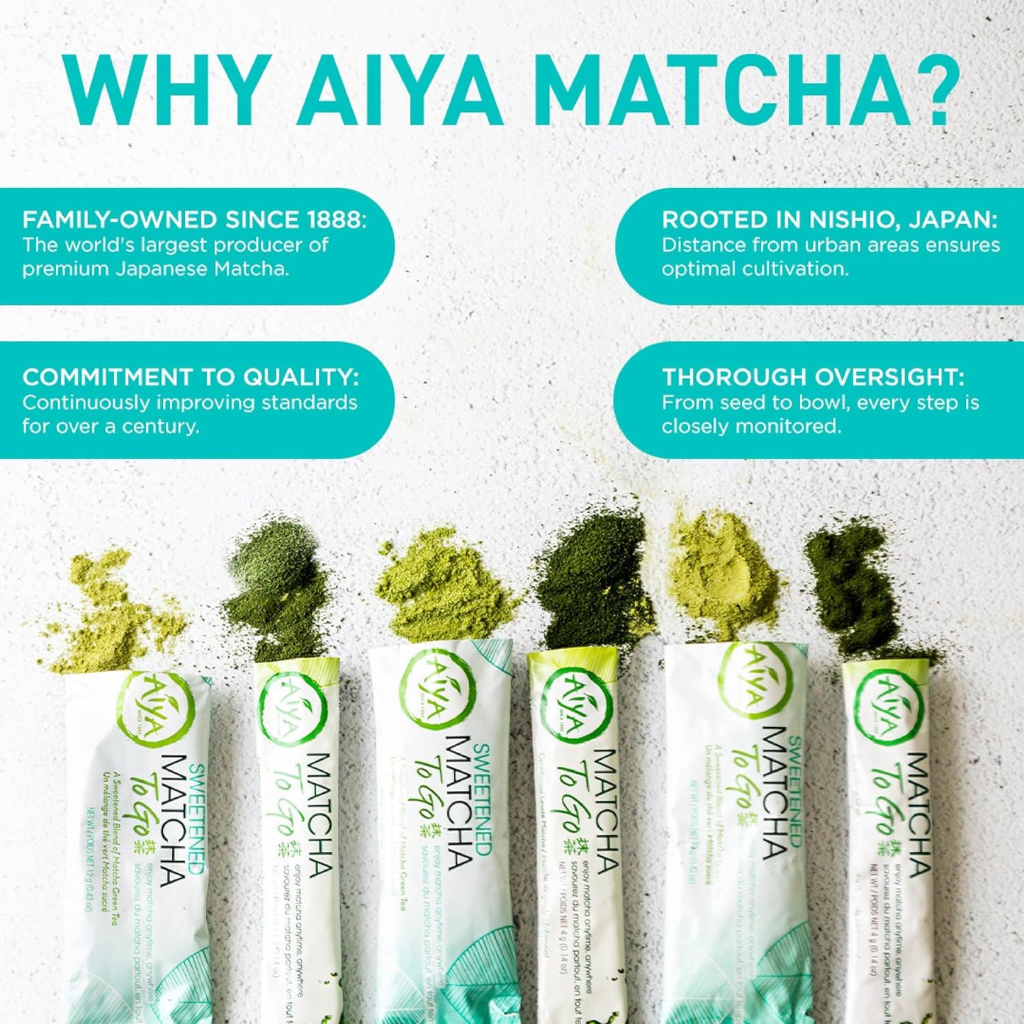 Aiya Japanese Sweetened Matcha Powder to Go Sticks - Ceremonial Grade, Vegan-Friendly, Gluten-Free - 8 Individually Packed Single-Serving Sticks for Freshness and Convenience