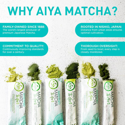 Aiya Japanese Sweetened Matcha Powder to Go Sticks - Ceremonial Grade, Vegan-Friendly, Gluten-Free - 8 Individually Packed Single-Serving Sticks for Freshness and Convenience