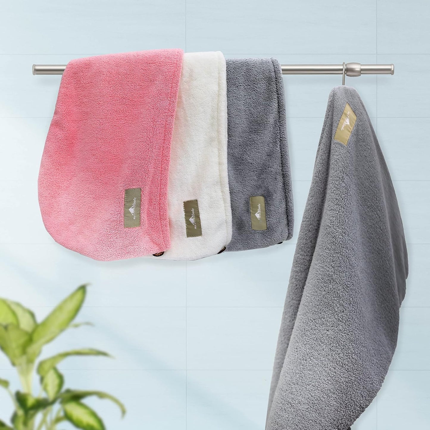 myHomeBody Hair Towel Wrap, Luxury Quick Drying Turban, Ultra Soft Absorbent Charcoal Fiber Cap, with Coconut Shell Button – Gray