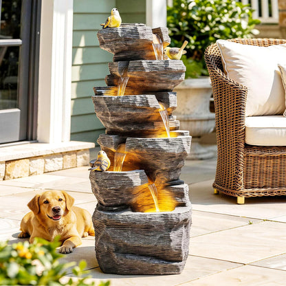 19.5" H 4-Tier Indoor & Outdoor Water Fountain with LED Lights | Resin Pebble Textured Tabletop Cascading Water Feature, Relaxing Decor for Patio, Porch, Deck, Yard & Home