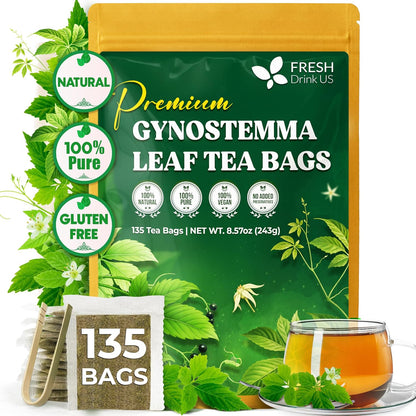 FreshDrinkUS, Premium Gynostemma Tea Bags (Jiaogulan) | 135 Count | Naturally Smooth & Earthy Caffeine-Free Herbal Tea – Plant-Based Tea Bags for Daily Enjoyment. Caffeine Free, Sugar Free. Vegan