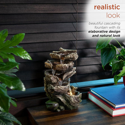 Alpine Corporation | 14"H Indoor Tiered Log Tabletop Fountain with LED Lights — Cascading Waterfall Design Creates Relaxing Ambiance for Home & Office Décor