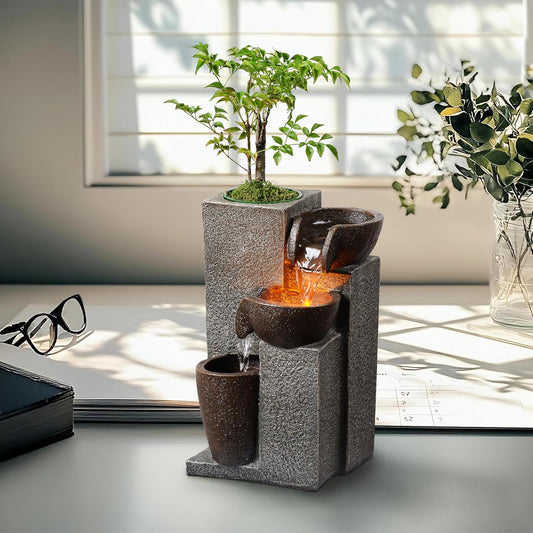 Resin Tabletop Waterfall Fountain with LED Light & Plant Pot, Indoor Desk Water Fountains for Home Office Decor (22028N)