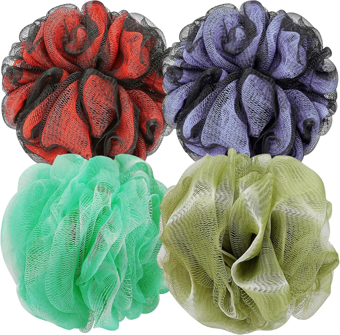 DadyMart Shower Loofah Sponge Pouf – XL Exfoliating Bath Puff Body Scrubber, Soft Mesh Shower Sponge with Reinforced Knot, Rich Lather, Set of 4 for Women and Men