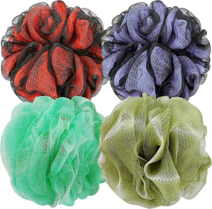 DadyMart Shower Loofah Sponge Pouf – XL Exfoliating Bath Puff Body Scrubber, Soft Mesh Shower Sponge with Reinforced Knot, Rich Lather, Set of 4 for Women and Men