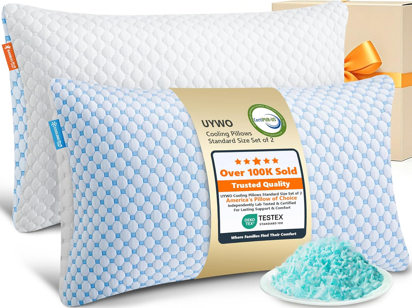 UYWO Cooling Pillows Queen Size Set of 2, Adjustable Memory Foam Pillows