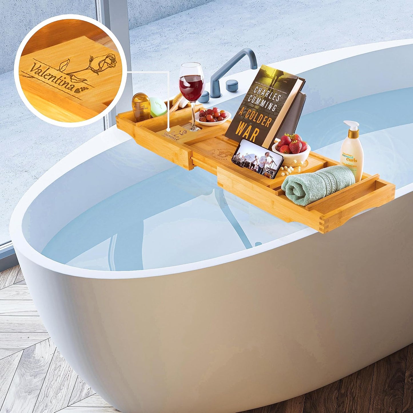 Bambüsi Bathtub Tray for Tub - Brown Bamboo Bath Tray, Expandable Wooden Bath Caddy Tray with Wine Holder, Book and Tablet Stand, Bathroom Accessories, Tub Table, Spa Bath Gifts for Women and Couples