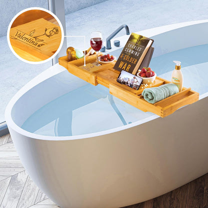 Bambüsi Bathtub Tray for Tub - Brown Bamboo Bath Tray, Expandable Wooden Bath Caddy Tray with Wine Holder, Book and Tablet Stand, Bathroom Accessories, Tub Table, Spa Bath Gifts for Women and Couples