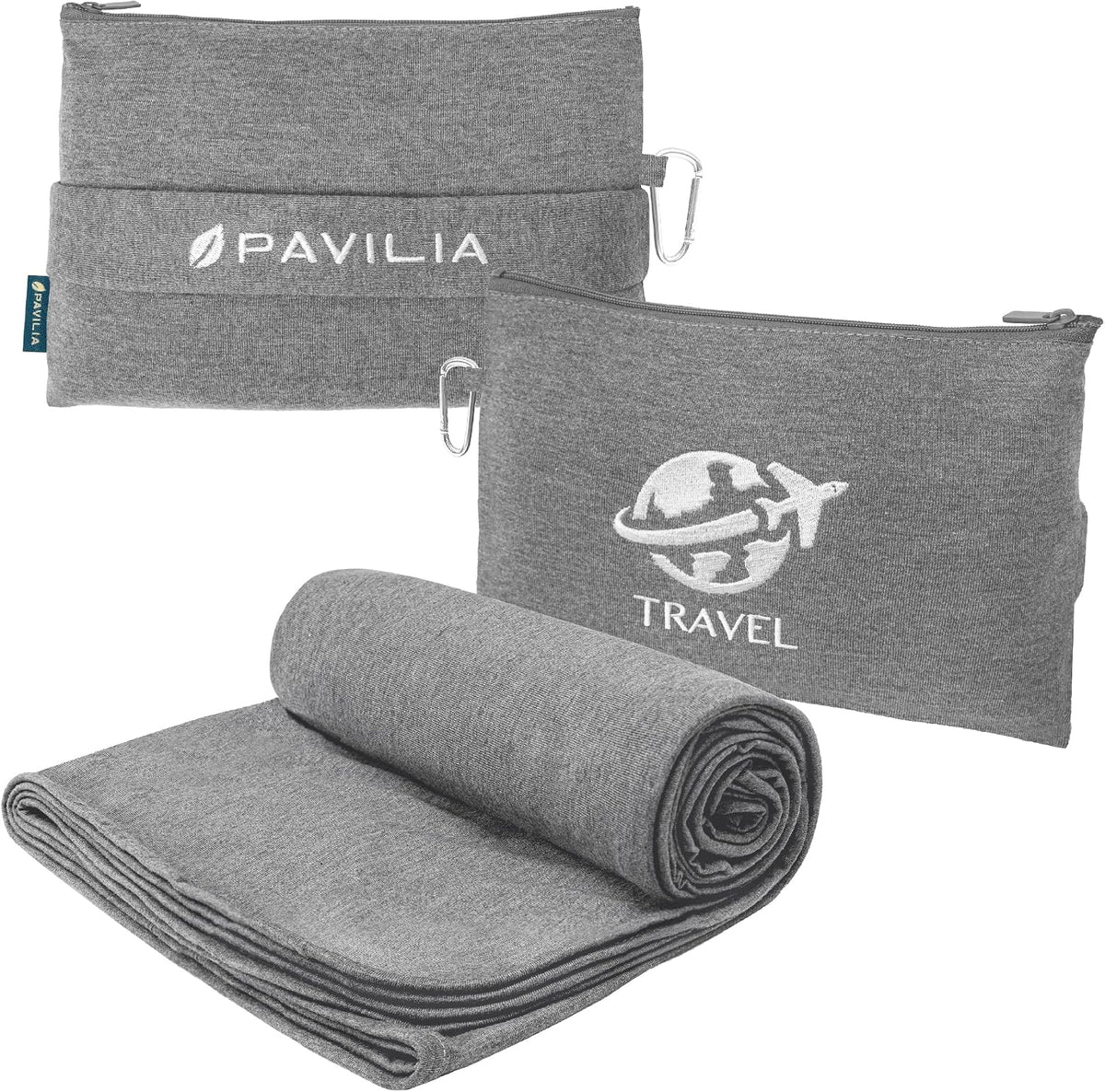 PAVILIA Travel Blanket Airplane Compact Pillow with Bag for Flights, Navy
