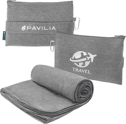 PAVILIA Travel Blanket Airplane Compact Pillow with Bag for Flights, Navy
