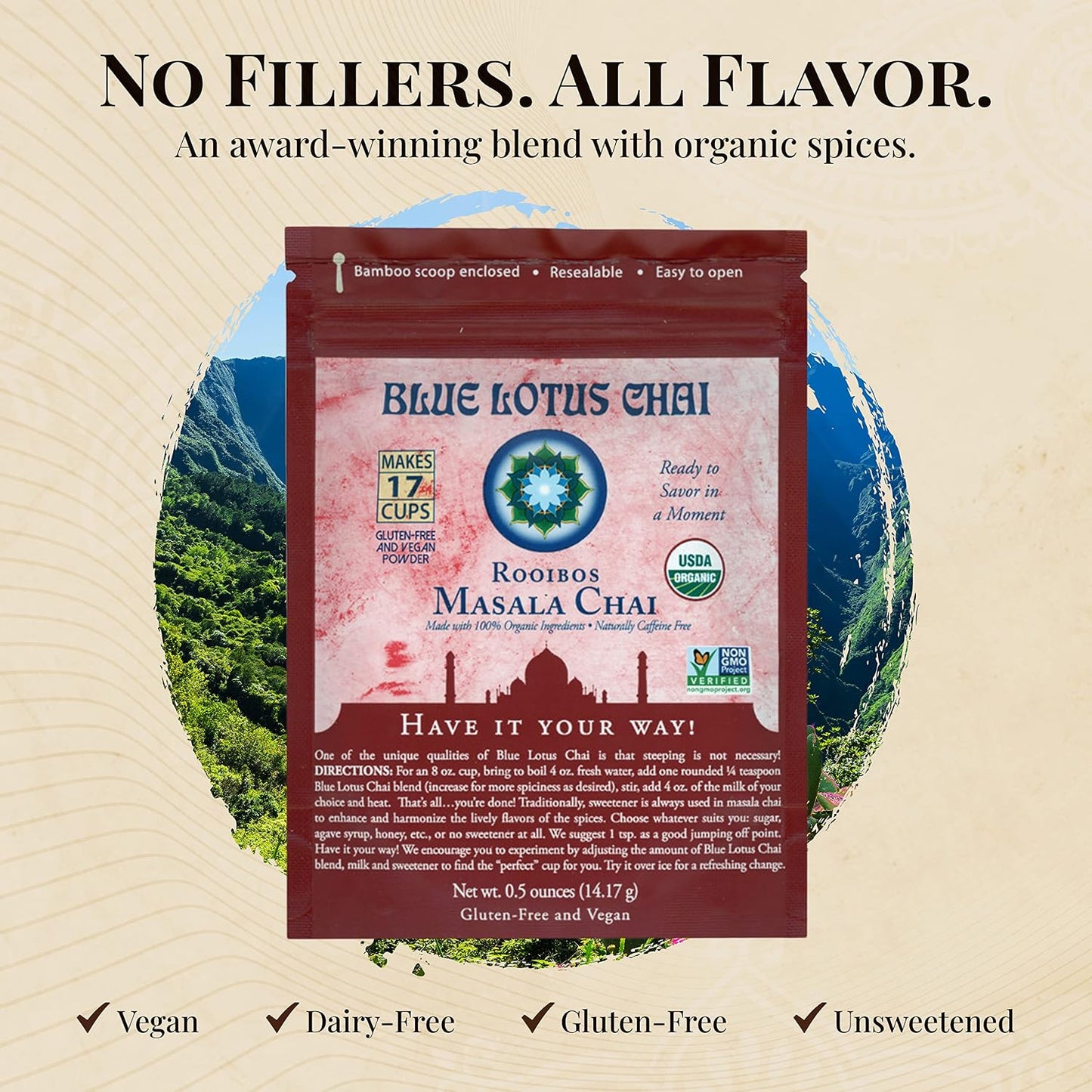 Blue Lotus Chai - Rooibos Flavor Masala Chai - Makes 65 Cups - 2 Ounce Masala Spiced Chai Powder with Organic Spices - Instant Indian Tea No Steeping - No Gluten