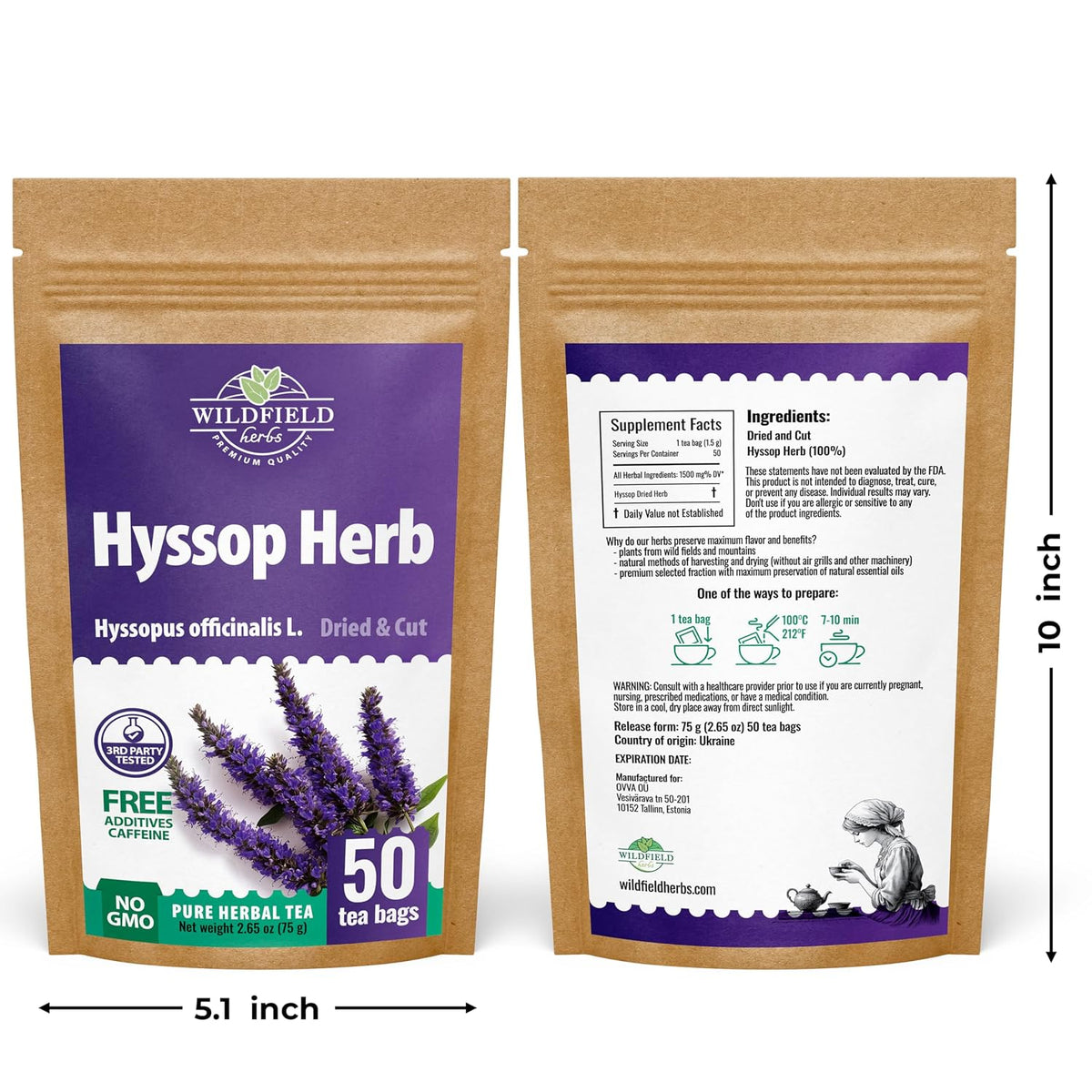 50 Bags Hyssop Dried Herb Hyssop Tea (Hyssópus Officinális) - 50 Count 1.5g Tea Bags Hisopo