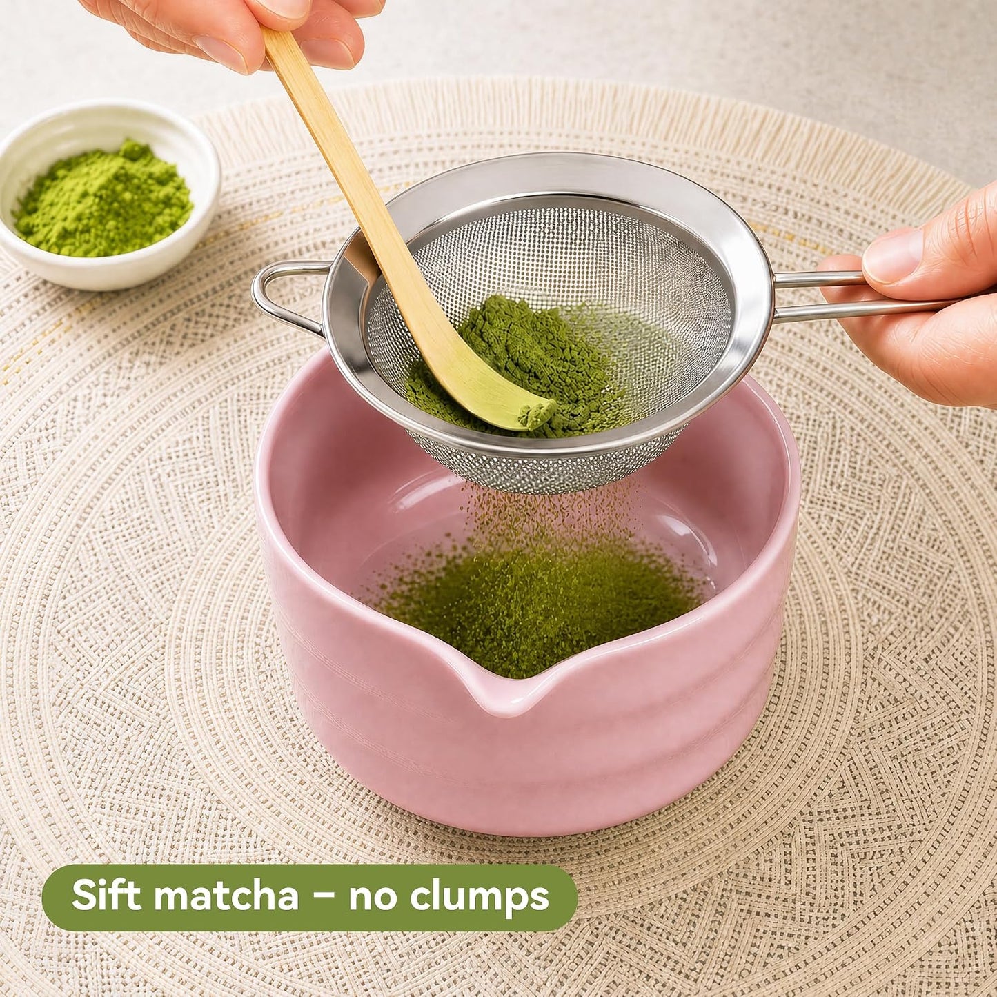 Matcha Whisk Set with Ceramic Bowl - Complete Matcha Making Kit, Bamboo Whisk (Chasen), Whisk Holder, Matcha Powder Sifter, Scoop, Japanese Tea Ceremony Tools（Green）