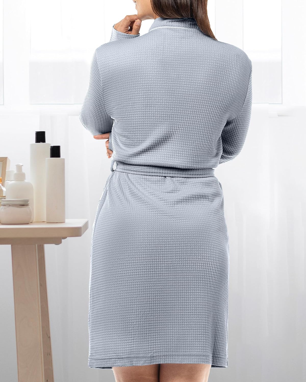 Cotton Blend Lightweight Waffle Robe for Women Knee-Length Soft Bathrobe