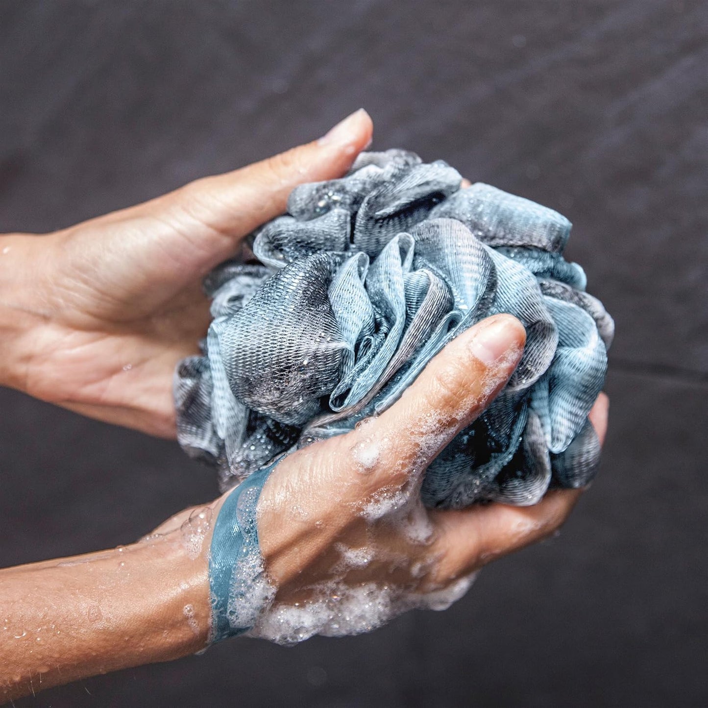 Toem® Loofah Back Scrubber for Shower | Bamboo Charcoal Fiber Infused | Loufas for Men & Women | Includes 1 Long Handled Shower Sponge, 1 Bath & Shower Luffa Pouf & 1 Hook to Hang Stuff (Slate Grey)