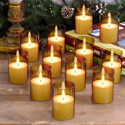 VIODAIM 12Pack Flickering Flameless LED Candles with Timer, Battery Powered - Small Pillar & Votive, Clear (2"X3")