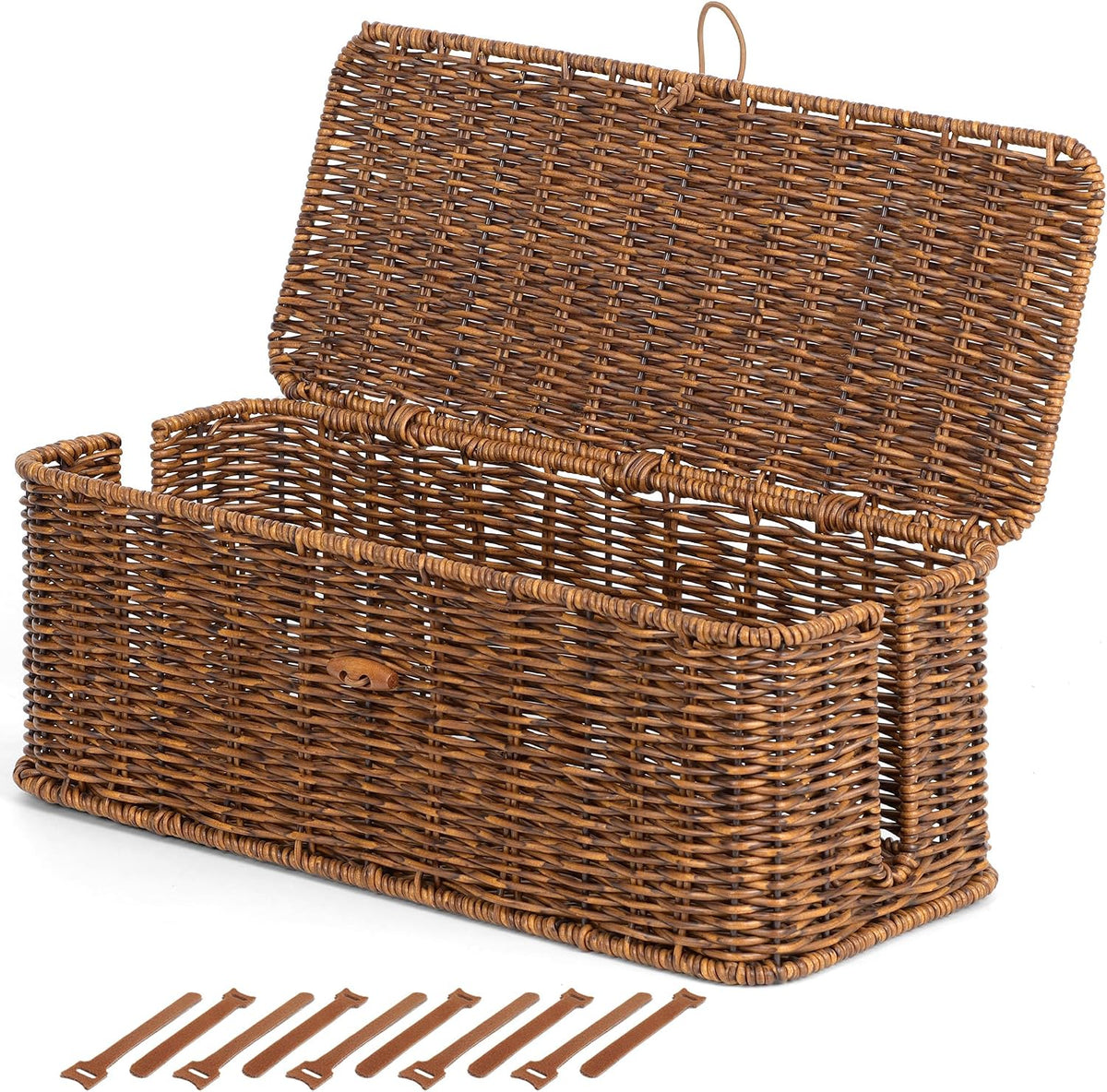 Cable Management Box, Cord Organizer with Lid & Cable Ties - Brown, L