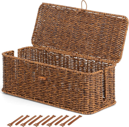 Cable Management Box, Cord Organizer with Lid & Cable Ties - Brown, L