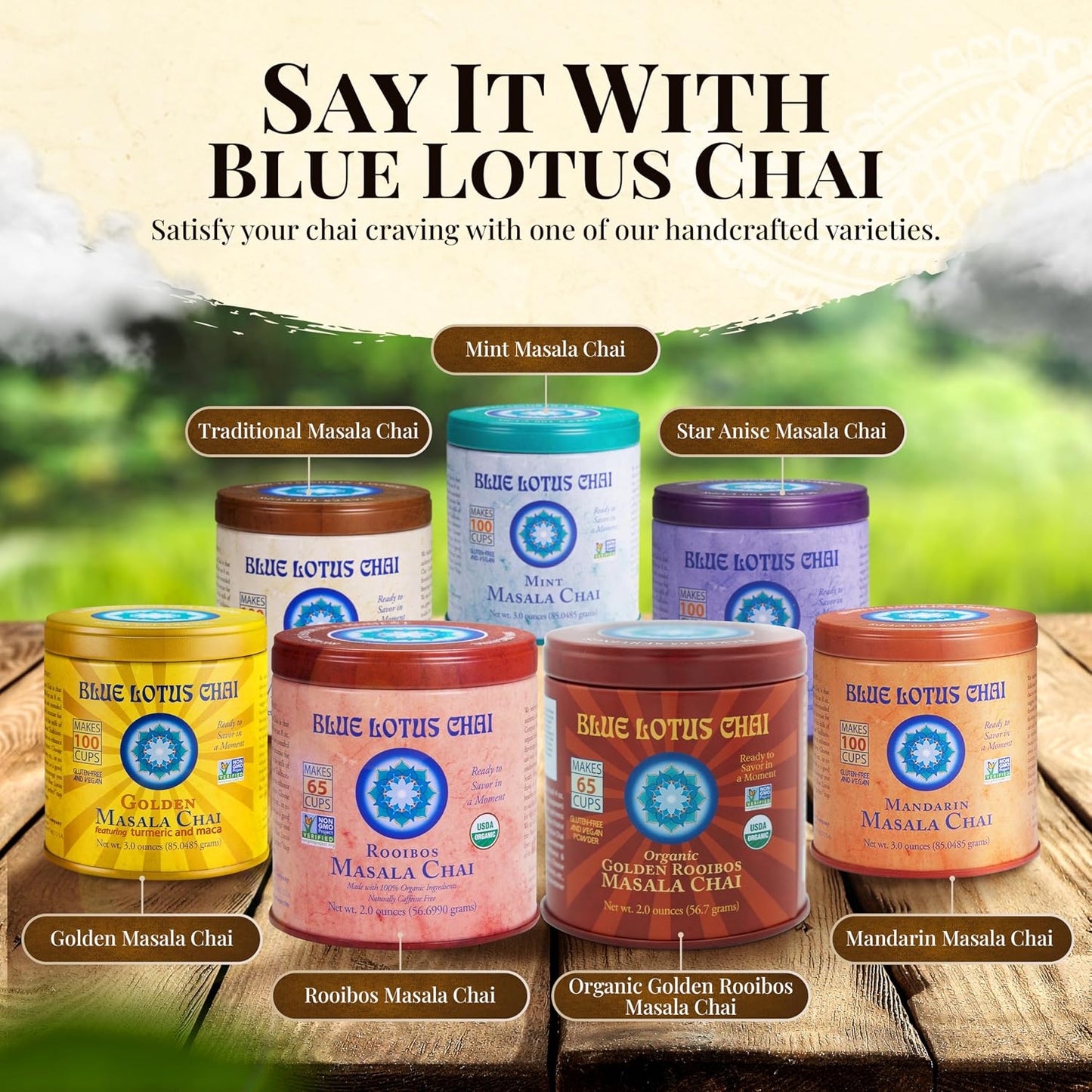 Blue Lotus Chai - Golden Masala Flavor Chai - Makes 100 Cups - 3 Ounce Masala Spiced Chai Powder with Organic Spices - Instant Indian Tea No Steeping - No Gluten