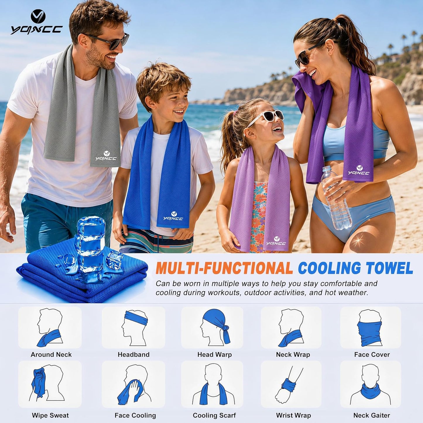 YQXCC 4 Pack Cooling Towels (47"x12"), Ice Cool Neck Towel, Soft Breathable Microfiber for Yoga, Golf, Gym, Running, Camping & Hot Weather