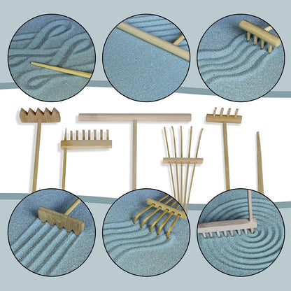 Oasis of Calm Zen Garden Kit. 11x8 Inch Beautiful Premium Japanese Decor Mini Meditation Gifts Set. Home, Office Desk Accessories. Zen Decor Sand Garden. Aqua Blue Sand, 6 Tools, 6 Features incl rocks