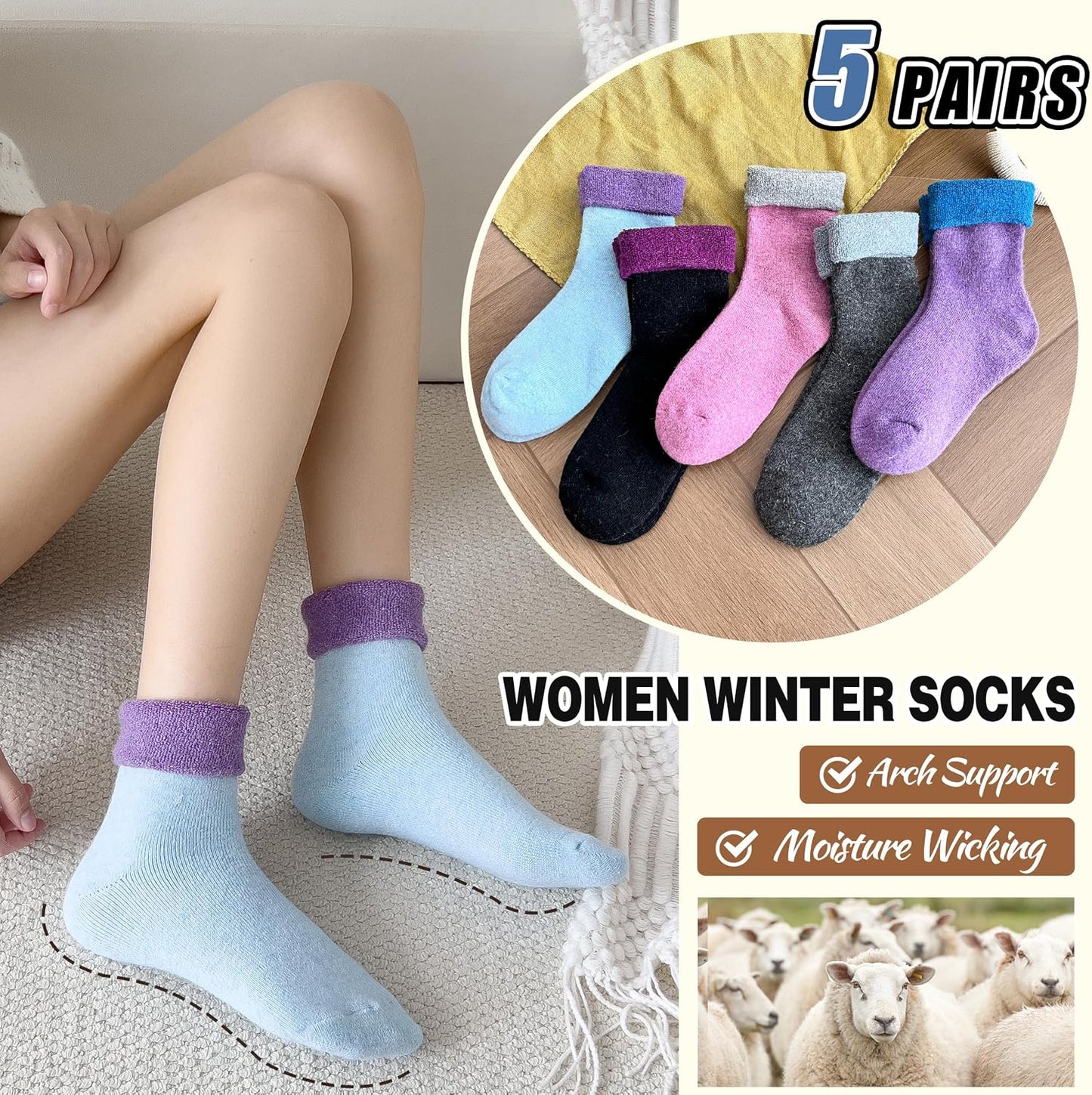 EBMORE 5 Pairs Women Merino Wool Boot Socks Warm Thermal Winter Thick Hiking Cozy Cabin Crew Comfy Socks for Ladies