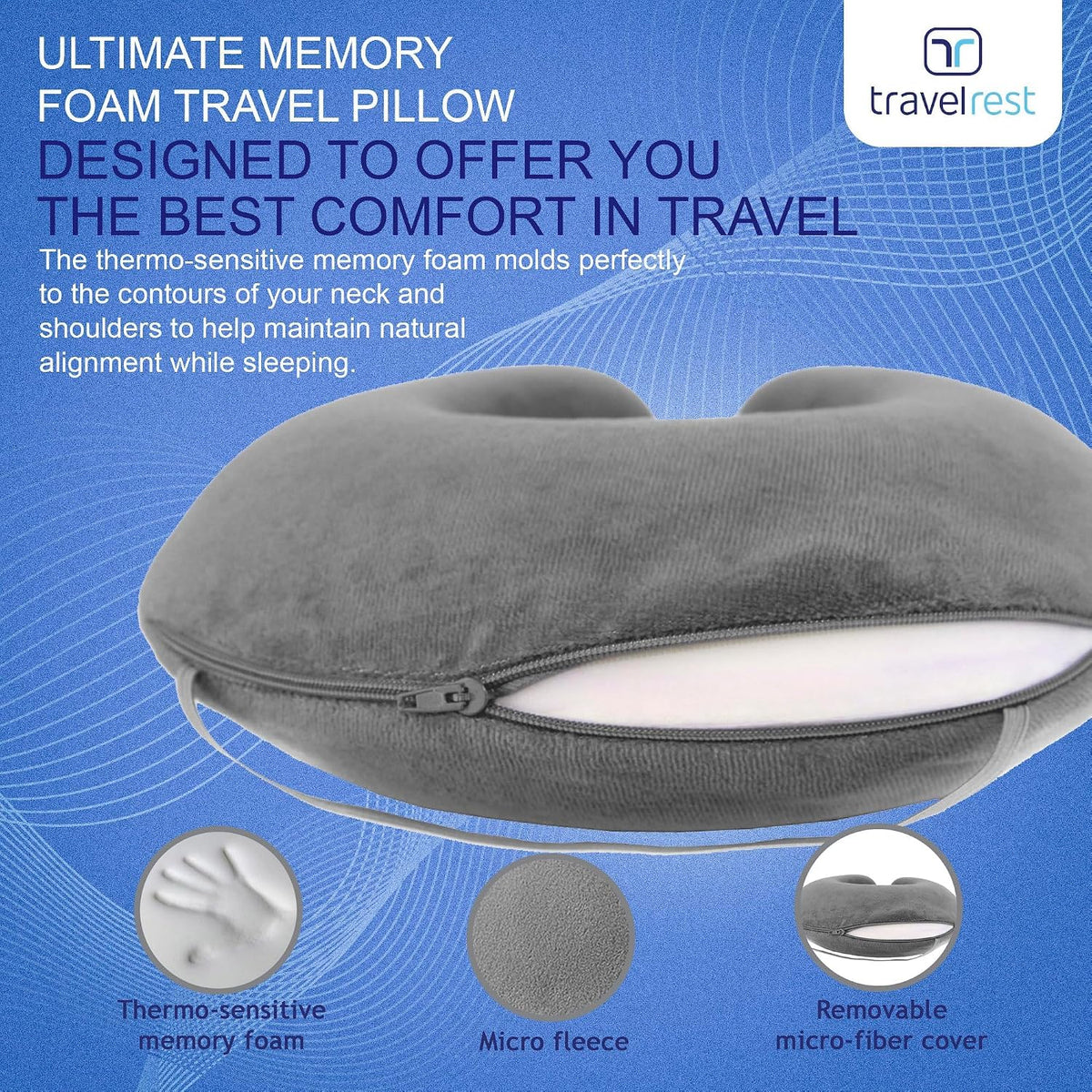 TRAVELREST Nest Neck Pillow Travel Essentials - Memory Foam Support - Grey