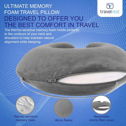 TRAVELREST Nest Neck Pillow Travel Essentials - Memory Foam Support - Grey
