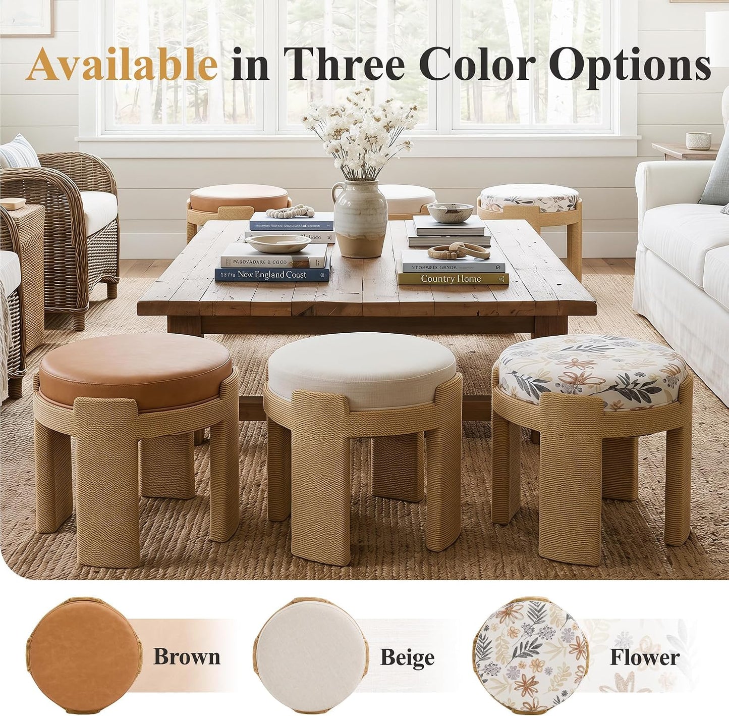 Round Foot Stool Ottoman Set of 2, Boho Hand-Woven Rope Upholstered Accent Footrest Vanity Stool Fully Assembled for Bedroom Living Room, Beige Linen