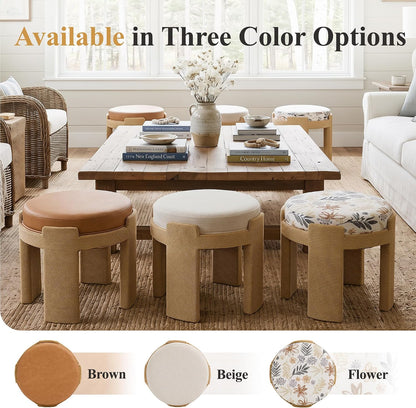Round Foot Stool Ottoman Set of 2, Boho Hand-Woven Rope Upholstered Accent Footrest Vanity Stool Fully Assembled for Bedroom Living Room, Beige Linen