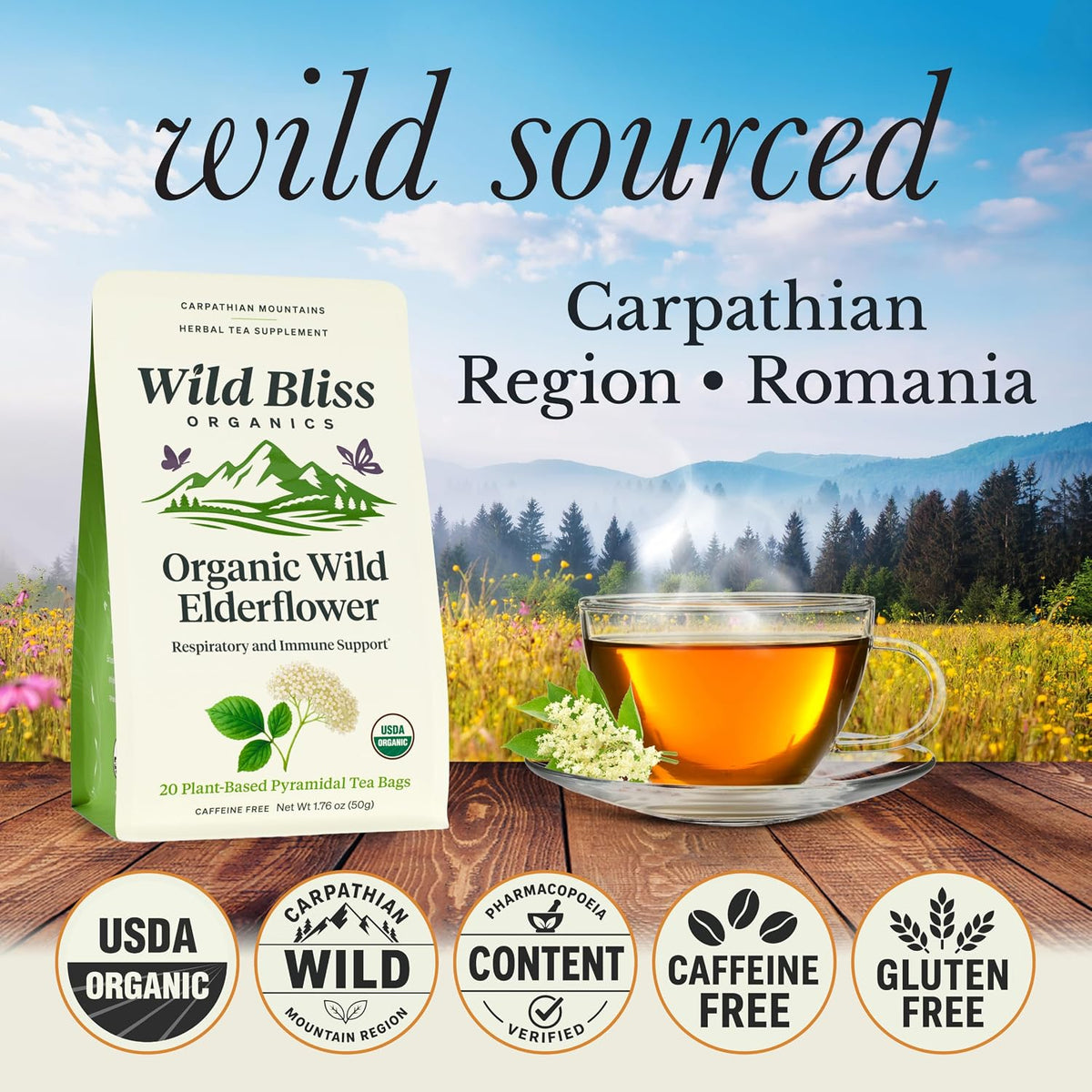 Wild Bliss Organic Elderflower Herbal Tea - Caffeine Free Elder Flowers Tisane - Pharmacopoeia Potency - 20 Plant Based Tea Bags