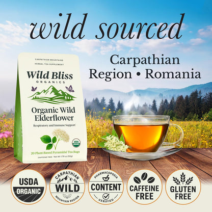 Wild Bliss Organic Elderflower Herbal Tea - Caffeine Free Elder Flowers Tisane - Pharmacopoeia Potency - 20 Plant Based Tea Bags