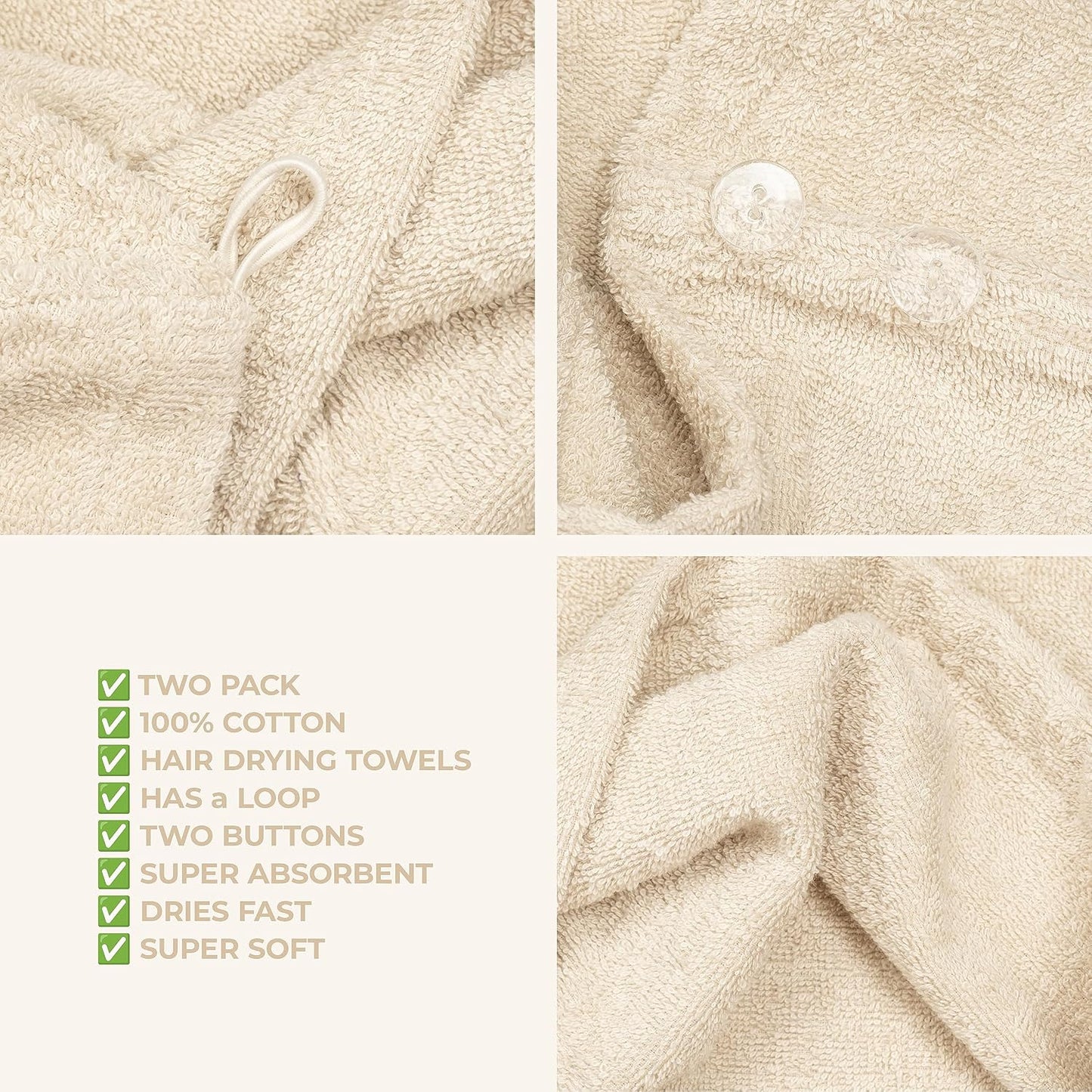 American Soft Linen 100% Cotton Hair Towels for Women, Head Towel Cap, Cotton Hair Turban Towel Wrap for Long Curly Anti Frizz Hair, Soft and Absorbent Cotton Hair Towels 2 Pack, White
