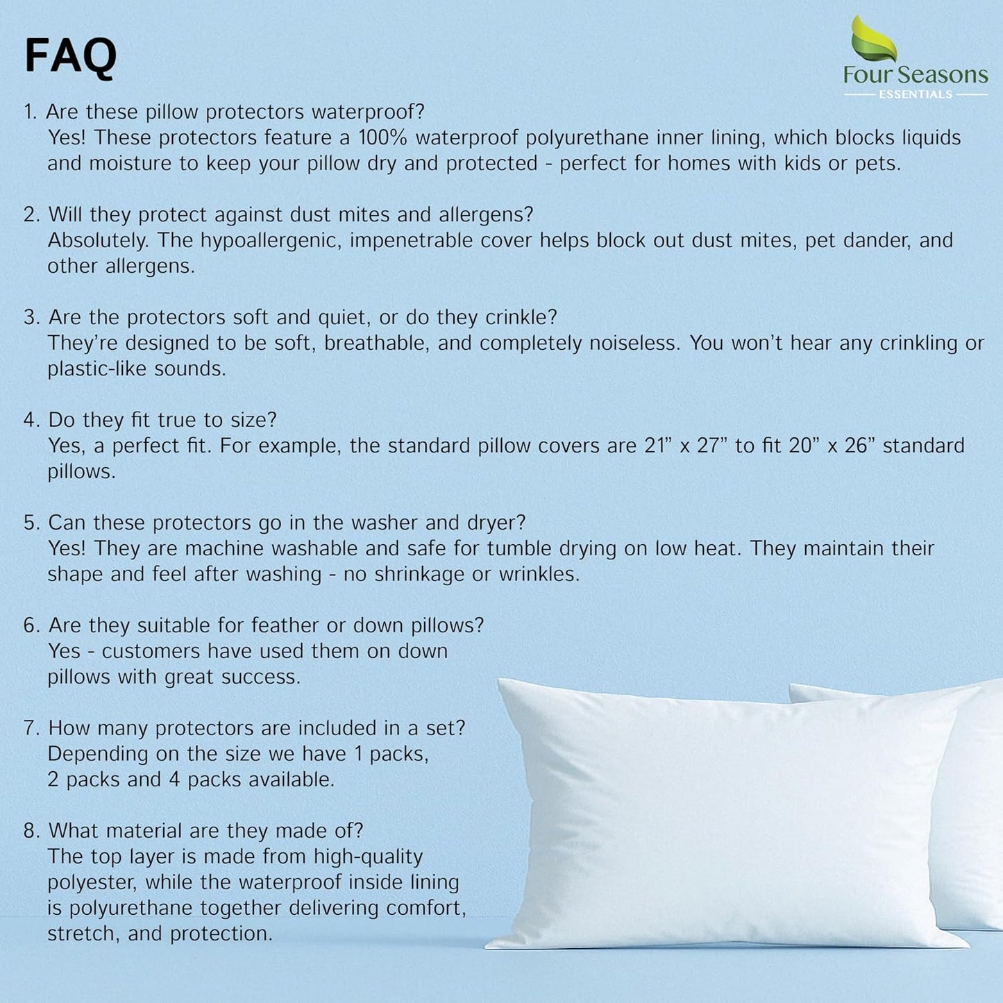 Four Seasons Essentials Standard Pillow Protectors (Set of 2) – Zippered Waterproof Pillow Covers Hypoallergenic Dust Proof Pillowcase Encasement Cover