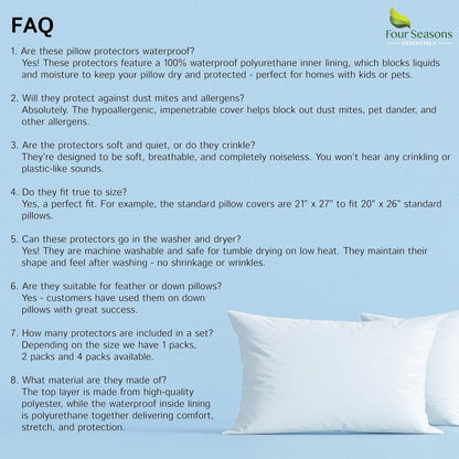Four Seasons Essentials Standard Pillow Protectors (Set of 2) – Zippered Waterproof Pillow Covers Hypoallergenic Dust Proof Pillowcase Encasement Cover