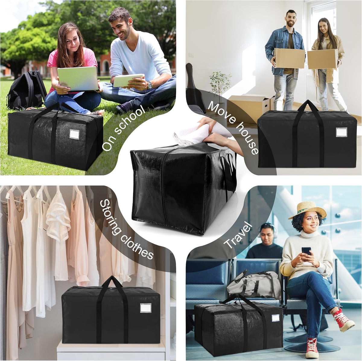 VELVETSURE Heavy Duty Extra Large Moving Bags W/Backpack Straps - Strong Handles & Zippers, Storage Totes For Space Saving, Fold Flat, Alternative to Box and Bin (Set of 6, Multicolor)