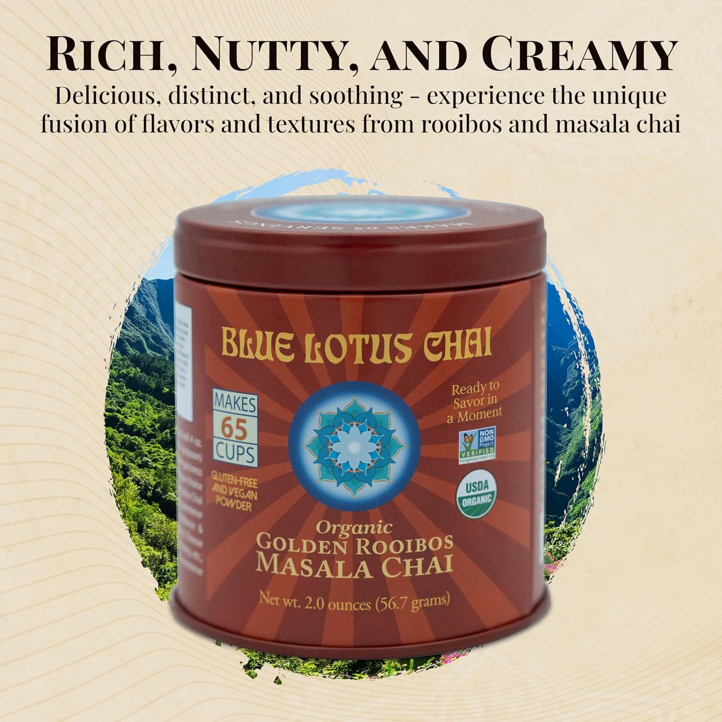 Blue Lotus Chai - Golden Masala Flavor Chai - Makes 100 Cups - 3 Ounce Masala Spiced Chai Powder with Organic Spices - Instant Indian Tea No Steeping - No Gluten