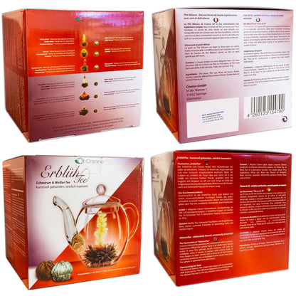 Creano Blooming Tea Gift Set with Glass Teapot 17oz (500ml) - Green Tea Fruity Flavoured Tea Flowers in 6 Varieties - Flowering Tea Gift for Easter
