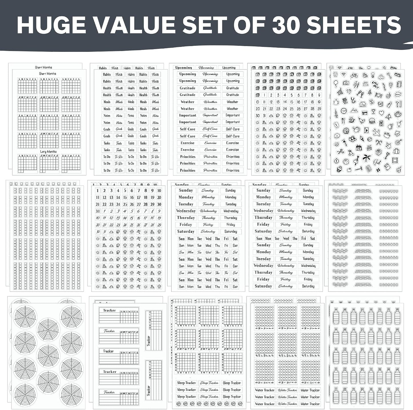Simple Productivity Weekly Planner Stickers (Black & White) - 30 Sheets of Writable and Transparent Stickers - Mini Calendars, Habit Tracker, Days, Numbers - Supplies for Bullet Dotted Journals