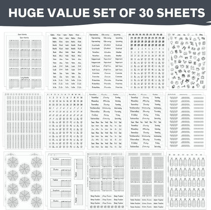 Simple Productivity Weekly Planner Stickers (Black & White) - 30 Sheets of Writable and Transparent Stickers - Mini Calendars, Habit Tracker, Days, Numbers - Supplies for Bullet Dotted Journals