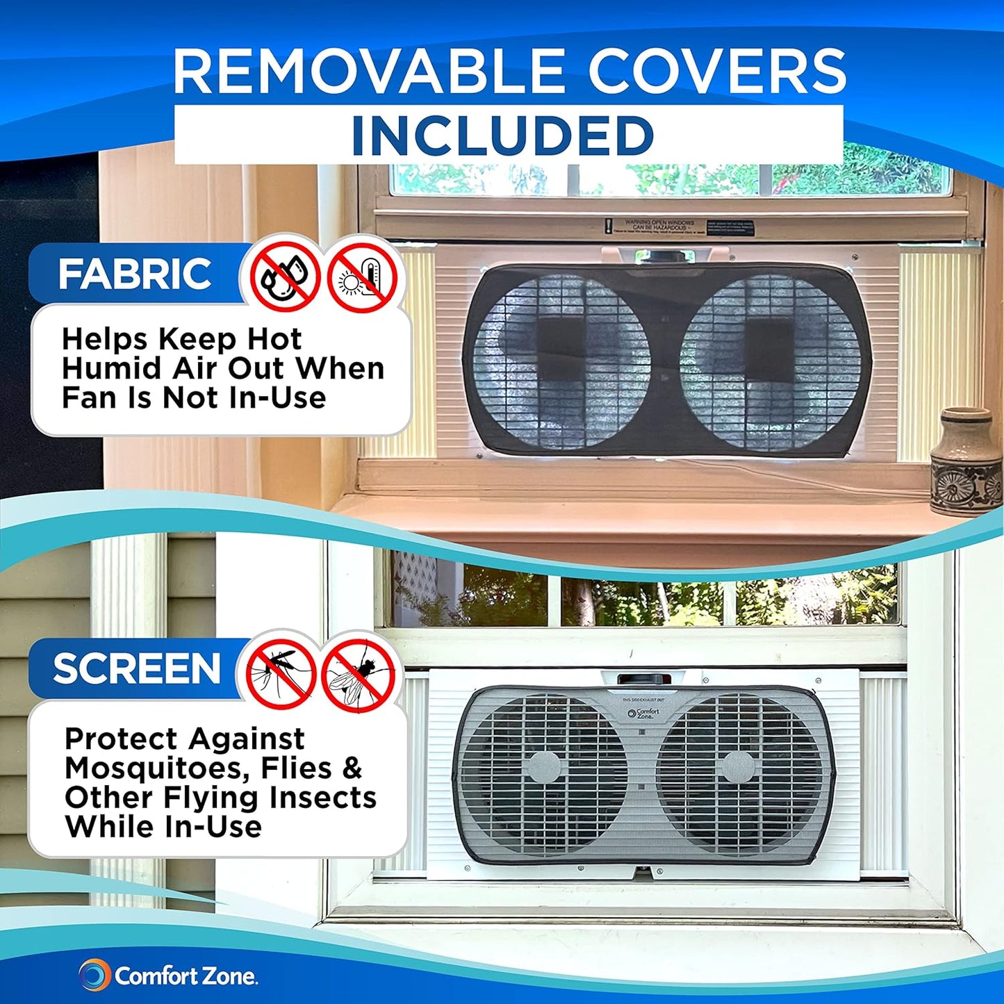 Comfort Zone Twin Window Fan with Reversible Airflow Control, 9 inch, Auto-Locking Expanders, 2 Speed Fan, Dual Fan, Exhaust, Airflow 9.84 ft/sec, Ideal for Home, Kitchen, Bedroom & Office, CZ319WT