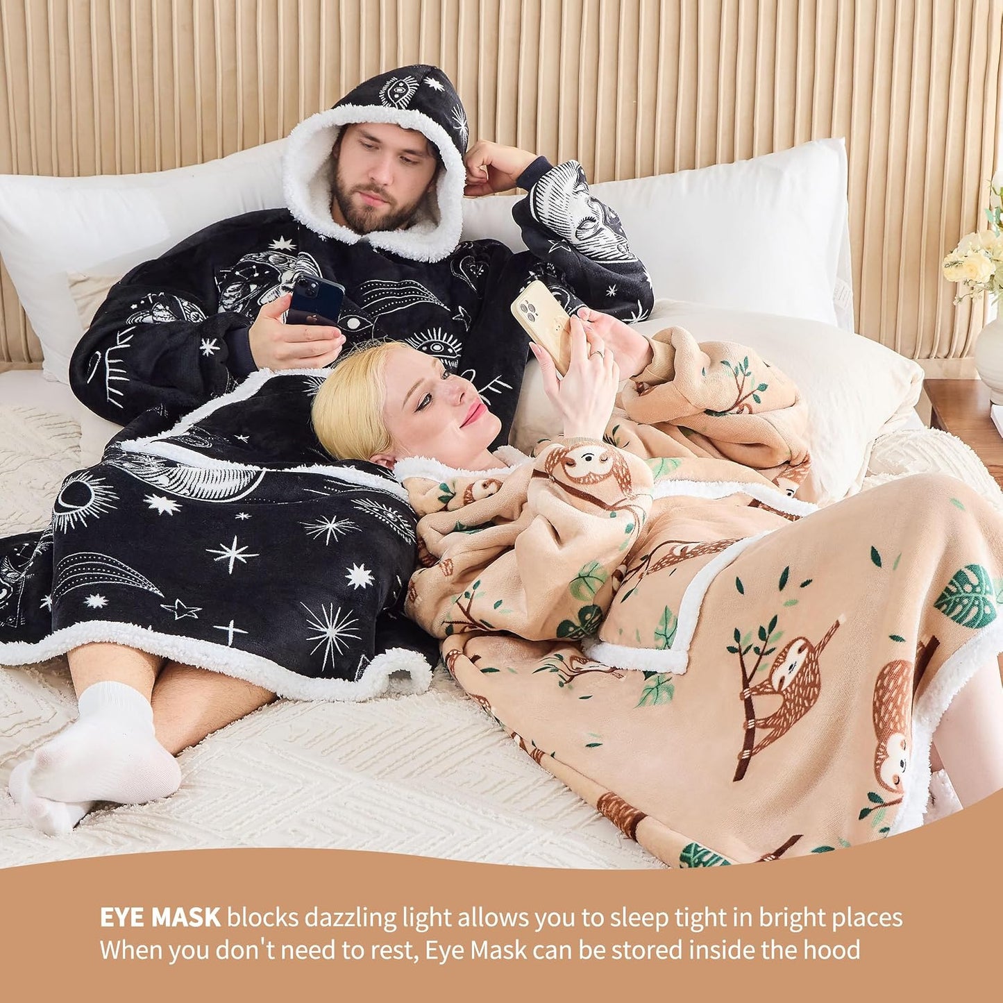 IFNOW Wearable Blanket Hoodie, Oversized Sherpa Fleece Hooded Blanket Sweatshirt with Eye Mask and Pocket, Comfy Long Flannel Blanket for Adults Men,Gifts for Women Mom Girlfriend,MoonFace