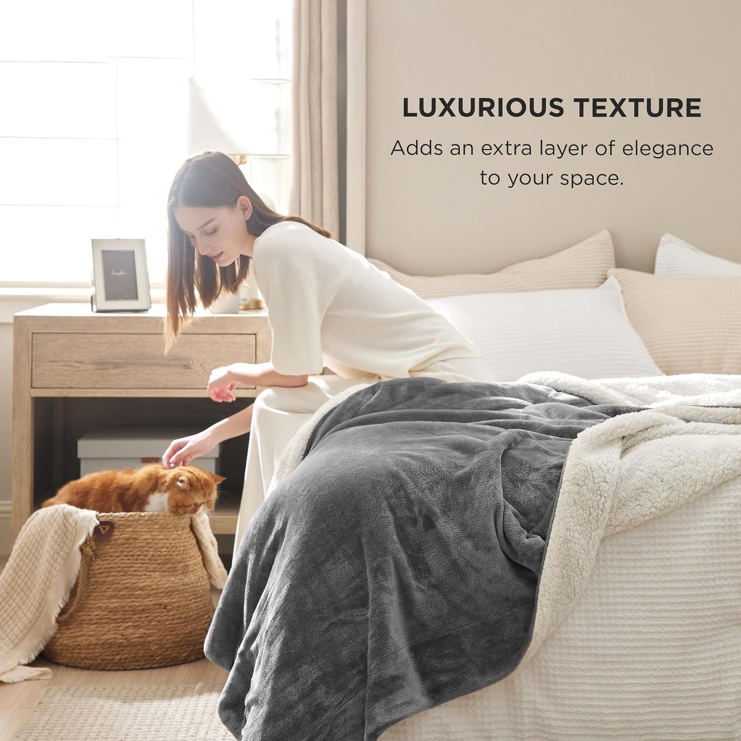 Bedsure GentleSoft Sherpa Fleece Throw Blanket for Couch, Non-Heated, Thick & Warm Cozy Blanket for Winter, Soft Fuzzy Plush Throw Gifts for Women and Men, Grey, 50x60 Inches