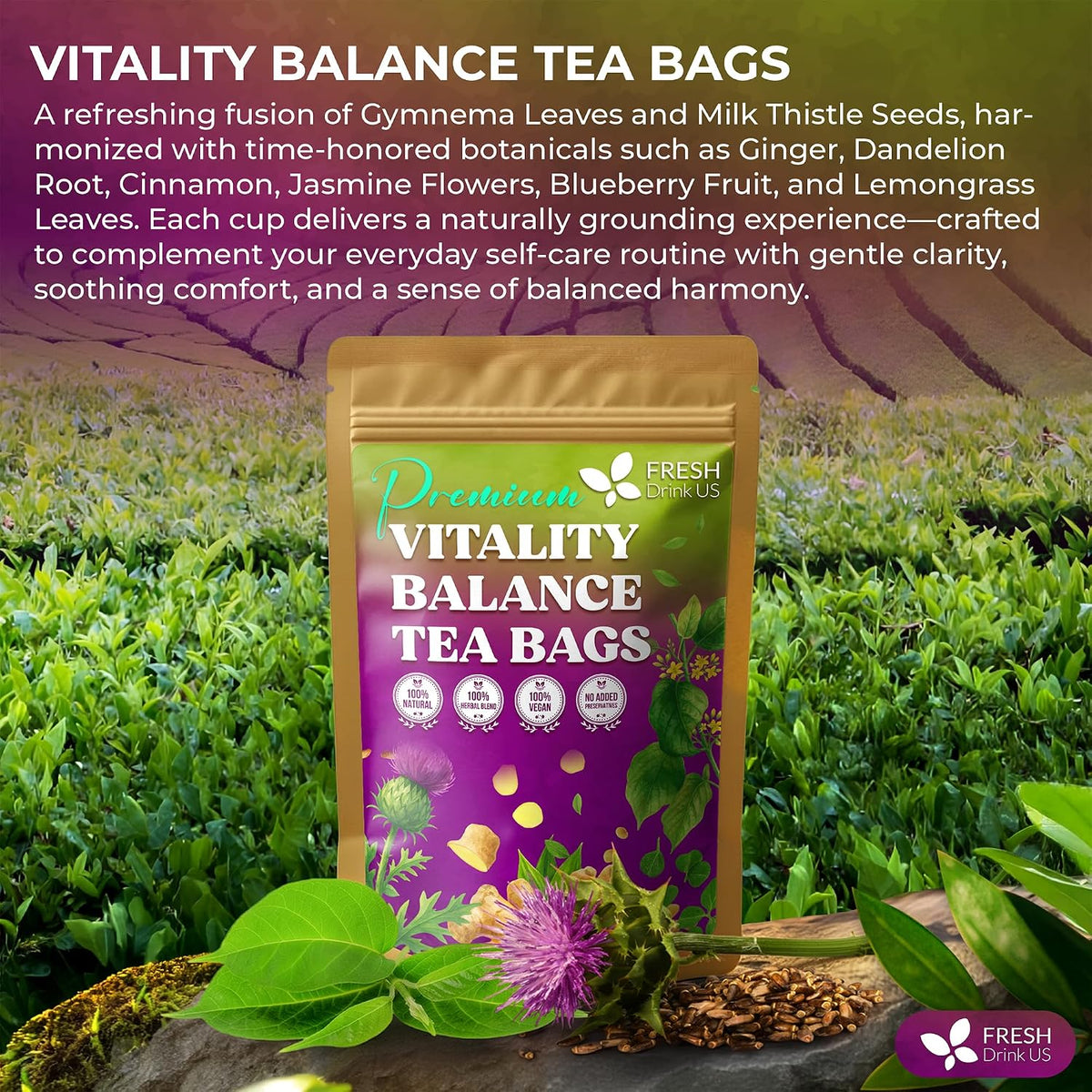 FreshDrinkUS, Vitality Balance Tea Bags | 30 Count | Herbal Blend with Gymnema, Milk Thistle Seed, Fenugreek, Dandelion Root, Ginger, Orange Peel & Other Herbs – 100% Natural, Caffeine-Free Herbal Tea