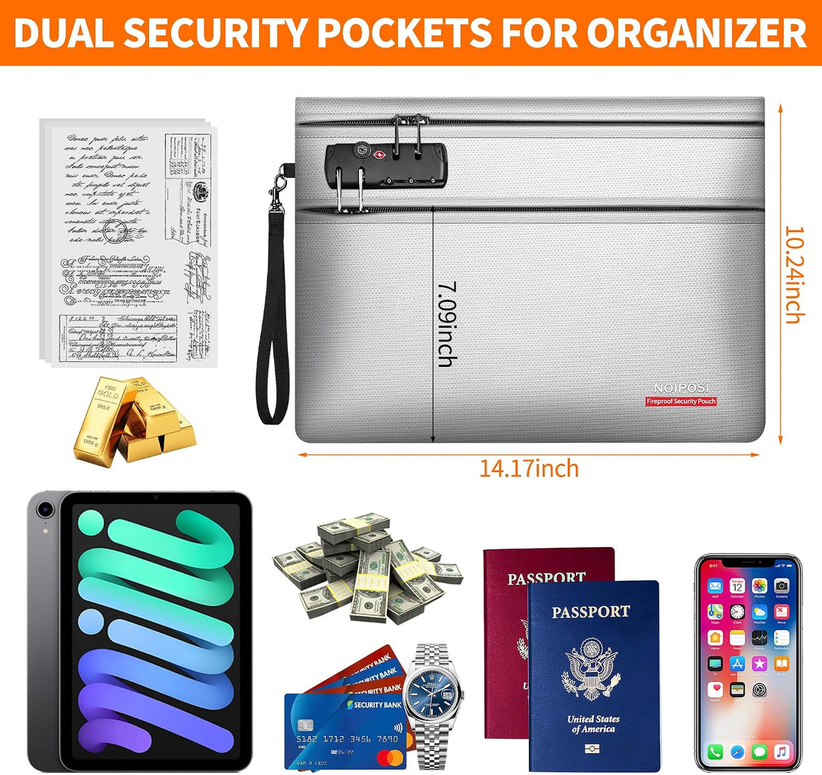 Noiposi 2-Pockets Fireproof Money Bag with Lock