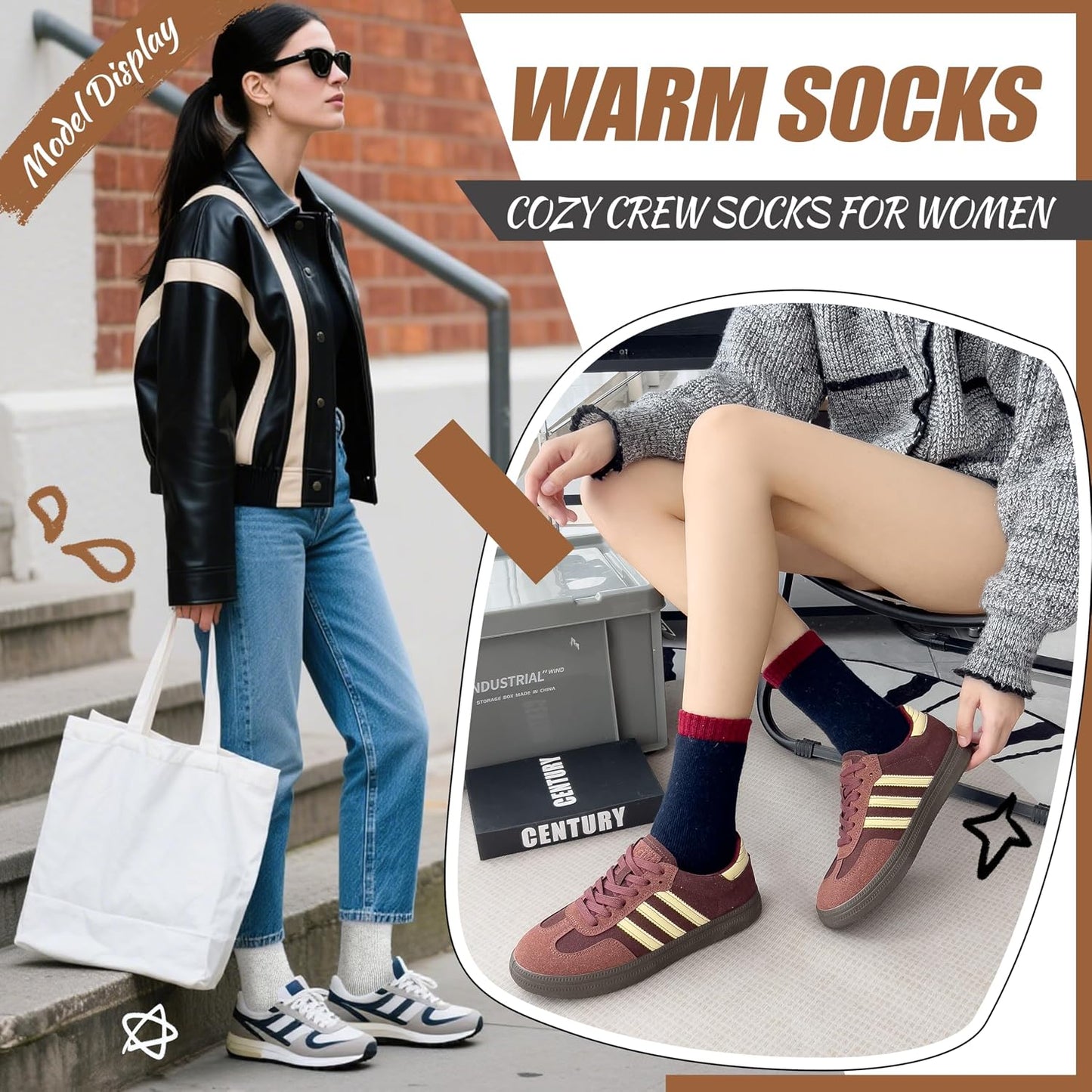 EBMORE Merino Wool Socks for Women Hiking Thermal Warm Winter Thick Boot Cozy Crew Comfy Work Socks for Ladies 5 Pairs